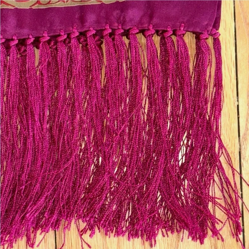 Vintage Silk Scarf Magenta Gold Asian Motif Fringe Long Wrap Shawl
